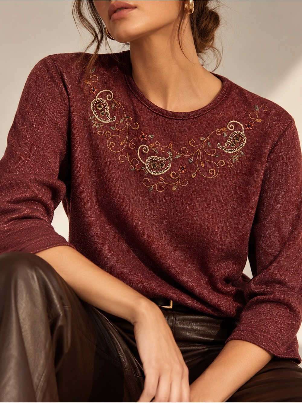 BonWorth Petite M Burgundy Metallic Shimmer Paisley Embroidered Sweater